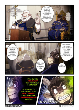 5_fingers anthro beard book clothed clothing cross dialogue ellipsis facial_hair fingers group horn male religion speech_bubble text thought_bubble desfrog bovid caprine goat mammal sheep absurd_res comic english_text hi_res