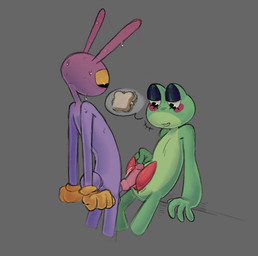 2_penises 4_fingers anthro blush bodily_fluids duo ear_blush fingers food frottage genitals gynomorph half-closed_eyes humanoid_genitalia humanoid_penis intersex intersex/male knot knotted_penis male motion_lines mouthless multi_genitalia multi_penis narrowed_eyes nervous nervous_sweat penile penis penises_touching pie_cut_eyes sandwich_(food) sex slit_penis smile speech_bubble sweat throbbing throbbing_penis shovelynnne glitch_productions the_amazing_digital_circus jax_(tadc) ribbit_(tadc) amphibian frog lagomorph leporid mammal rabbit