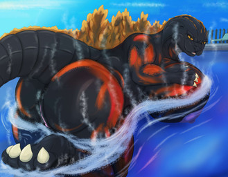 anthro big_breasts big_butt breasts butt claws female fence genitals heat_(temperature) huge_breasts huge_butt huge_hips huge_thighs nails nipples non-mammal_breasts nude solo spines steam swimming_pool tail thick_thighs vulva water wide_hips artdumpofeeeee godzilla_(series) toho godzilla absurd_res hi_res