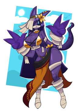 anthro bikini blue_background blue_eyes clothing cloud female gesture hand_gesture mummy_wrappings purple_body purple_ears purple_tail simple_background solo spread_fingers sun swimwear tail two-piece_swimsuit win-victory-love thompson-vonjung cc-by-nc-nd creative_commons cleophantra domestic_cat felid feline felis ghost mammal spirit 2026 absurd_res hi_res