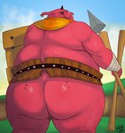 backsack balls belly big_butt biped butt genitals glistening glistening_butt humanoid_hands male mostly_nude outside overweight overweight_male pupils red_body red_butt shield solo weapon trashtoonz nintendo skyward_sword the_legend_of_zelda blin_(tloz) moblin shield_moblin 2021 hi_res