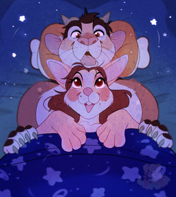 anthro bed bedding blanket claws cuddling duo female furniture handpaw horn looking_up male male/female on_bottom on_top open_mouth open_smile paws pillow smile star under_covers ferwanwan fer_(ferwanwan) javier_(scraphead) cougar felid feline lagomorph leporid mammal rabbit 2023 hi_res watermark