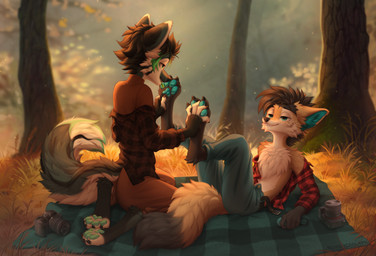 anthro bedding blanket camera duo fingers_between_toes fluffy fluffy_tail grass male outside pawpads plant tail tree kesha_kotolapa canid canine canis domestic_dog fox mammal hi_res