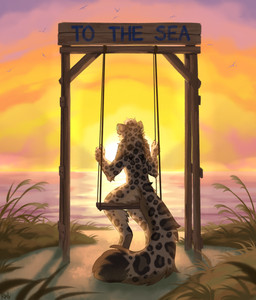 ambiguous_gender anthro beach day digitigrade ear_piercing fluffy fluffy_tail fur grey_body grey_fur markings nature nude outside piercing rear_view sand sea sitting sky solo spots spotted_body spotted_fur sun sunset swing tail text water ruddi avian bird felid mammal pantherine snow_leopard 2025 artist_name english_text hi_res