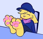 3_toes anthro barefoot biped blep blonde_hair blush blush_lines clothed clothing curling_toes eyes_closed feet feet_up foot_fetish foot_focus foot_on_table fur furniture hair male pawpads paws pink_pawpads plantigrade simple_background sitting smile soles solo table toes tongue tongue_out yellow_body yellow_feet yellow_fur yellow_paws b_bun300 spark_(b_bun300) humanoid