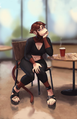 5_fingers 5_toes anthro arm_support blue_eyes breasts brown_body brown_fur brown_hair chair choker cleavage clothed clothing coffee_cup container crop_top cup digit_ring ear_piercing feet female fingers footwear fur furniture hair hand_on_leg inside jewelry leaning_on_elbow leggings legwear midriff navel necklace open_mouth piercing ring sandals shirt shoes short_hair sitting solo steam table toe_ring toes topwear redustheriotact chelsea_(redustheriotact) haplorhine mammal monkey primate 2023 absurd_res hi_res