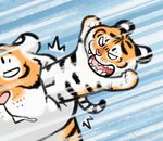 ambiguous_gender angry attack countershading drop_kick duo fangs feral fur kick markings orange_body orange_fur stripes teeth toony violence young young_feral bu2ma felid mammal pantherine tiger