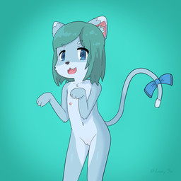 accessory anthro blue_body blue_eyes blue_fur bow_(feature) bow_accessory bow_ribbon bow_tie fangs female flat_chested fur furgonomics genitals green_hair hair inner_ear_fluff loli nipples nude pose ribbons solo tail tail_accessory tail_bow tail_ribbon teeth tuft vulva young young_anthro lunooky lily_(lunooky) domestic_cat felid feline felis mammal 1:1 hi_res