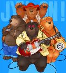 anthro belly blue_background bottomwear brown_body brown_fur clothing eyewear fur glasses group guitar hat headgear headwear male musical_instrument overweight overweight_male pants playing_guitar playing_music plucked_string_instrument shirt simple_background string_instrument topwear norataro country_bear_jamboree disney les_paul the_country_bears fred_bedderhead ted_bedderhead tennessee_o'neal zeb_zoober bear mammal 2008