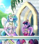 2018 age_difference anthro anthrofied armwear breast_size_difference breasts cleavage clothed clothing crown digital_media_(artwork) draltruist dress duo elbow_gloves equid equine female friendship_is_magic gloves handwear hasbro headgear horn horse inner_ear_fluff lens_flare mammal my_little_pony mythological_creature mythological_equine mythology pony princess_celestia_(mlp) purple_body purple_eyes size_difference tiara tuft twilight_sparkle_(mlp) white_body winged_unicorn wings