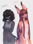 anthro biped black_body black_fur black_tail bottomless breasts brown_hair clothed clothing duo female fur genitals hair highlights_(coloring) looking_at_viewer nipples nude orange_tail purple_highlights pussy simple_background standing tail yshanii sienna_(yshanii) canid canine canis domestic_dog fox mammal 2024 absurd_res digital_drawing_(artwork) digital_media_(artwork) hi_res