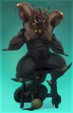 4_arms abs accessory anthro areola armpit_hair beard big_muscles big_pecs big_tail biped body_hair braided_beard braided_hair breasts carapace claws dewclaw digitigrade_paws ear_piercing ear_ring ear_tuft facial_hair fangs fangs_bared feet finger_claws front_view fur furniture hair hair_accessory jewelry leopard_spots long_tail male mandibles multi_arm multi_limb multi_nipple muscular muscular_anthro muscular_male nipple_piercing nipples nude pecs piercing pink_eyes presenting presenting_breasts pubes raised_arms ring_piercing simple_background sitting solo spiked_tail spikes spikes_(anatomy) spots spread_legs spreading stinger stinger_tail stool tail teeth toe_claws tuft unusual_anatomy vein kendryzak iranian_mythology middle_eastern_mythology mythology nacuzatl aquatic arachnid arthropod chimera felid feline mammal manticore prehistoric_species scorpion sea_scorpion vialfang absurd_res cel_shading hi_res huge_filesize shaded