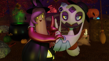 accessory ambiguous_gender armwear autumn black_clothing black_headwear blue_eyes broom candle cleaning_tool clothing duo elbow_gloves eyelashes eyewear feral flower flower_in_hair food fruit glasses gloves hair hair_accessory hand_holding handwear hat headgear headwear holidays looking_at_viewer moon night outside plant potion pumpkin purple_body purple_hair red_moon witch_hat yellow_eyes barbonicles halloween nintendo pokemon elemental_creature flora_fauna froslass generation_4_pokemon generation_6_pokemon ghost gourgeist pokemon_(species) spirit 16:9 3d_(artwork) 4k absurd_res blender_(artwork) digital_media_(artwork) hi_res widescreen