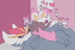 anthro bed bed_covers bedding duo female furniture heart_symbol looking_at_viewer male on_bed pillow plushie teddy_bear unimpressed masayo ah_yes._me._my_girlfriend. nintendo pokemon cinderace generation_4_pokemon generation_8_pokemon lopunny pokemon_(species) scorbunny shiny_pokemon meme