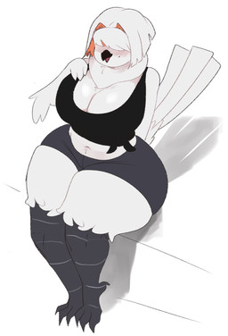 anthro beak belly big_breasts black_beak black_clothing black_shirt black_topwear blush bottomwear breasts cleavage clothed clothed_anthro clothed_female clothing curvy_figure elbow_feathers feathers feet female female_anthro front_view hair hair_over_eyes huge_thighs markings midriff mole_(marking) navel non-mammal_breasts non-mammal_navel open_beak open_mouth shadow shirt shorts simple_background sitting sleeveless_shirt solo tail tail_feathers thick_thighs toes topwear white_background white_body white_feathers white_hair white_tail white_tail_feathers meweeze female_burd_(meweeze) avian bird 2026 digital_drawing_(artwork) digital_media_(artwork) full-length_portrait hi_res portrait