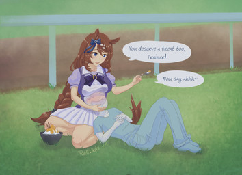 ambiguous_gender big_breasts biped bottomwear bow_ribbon braided_hair breasts chestnut_hair clothing dessert dirt duo feeding female female_humanoid food grass hair male male/female plant racetrack school_uniform shaved_ice skirt spoon_feeding text trainer uniform purliwhite cygames uma_musume_pretty_derby super_creek_(pretty_derby) ych_(character) animal_humanoid equid equid_humanoid equine equine_humanoid horse_humanoid human humanoid mammal mammal_humanoid english_text hi_res