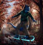 3_toes 5_fingers action_pose amazing_background anthro barefoot biped blue_body blue_scales bottomwear brown_hair claws clothed clothing day detailed_background feet fingers forest green_eyes hair horn hoverboard male outside pants plant plantigrade pose scales smile smooth_horn solo standing sweater tail toes topwear tree aaros mythology xanderg dragon mythological_creature mythological_scalie scalie detailed hi_res