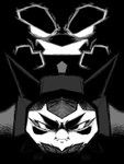 angry duo eyebrows eyelashes fangs female hood horn long_eyelashes male smile teeth thick_eyebrows luznolindo nintendo pokemon generation_9_pokemon legendary_pokemon ogerpon pecharunt pokemon_(species) 2024 3:4 dark_theme digital_drawing_(artwork) digital_media_(artwork) greyscale hatching_(art) hi_res monochrome shaded