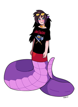 apode black_clothing black_hair black_shirt black_topwear blue_eyes blush bottomwear clothing cute_fangs eyewear fangs glasses gold_(metal) gold_jewelry hair humanoid_pointy_ears jewelry legless long_hair looking_at_viewer pointy_ears purple_body serpentine shirt simple_background skirt smile solo split_form teeth topwear white_background blackshirtboy final_fantasy square_enix draconcopode lamia reptile scalie snake 2022 absurd_res hi_res