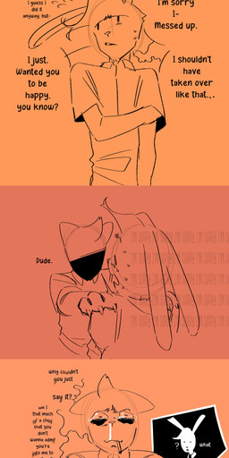 anthro bodily_fluids cigarette clothing crying dialogue duo hat headgear headwear long_ears male male/male tears text noirzvault deltarune undertale undertale_(series) burgerpants nicecream_man chud domestic_cat felid feline felis lagomorph leporid mammal rabbit absurd_res comic english_text hi_res