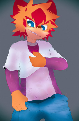4_fingers anthro blue_bottomwear blue_clothing blue_eyes blue_pants bodysuit bottomwear bottomwear_down brown_nose bulge clothed clothing clothing_lift dipstick_ears ear_markings eyebrows fingers fur glistening glistening_bodysuit glistening_clothing glistening_latex glistening_skinsuit grey_background hair hand_on_pants hand_on_shirt highlights_(coloring) latex latex_bodysuit latex_clothing latex_skinsuit looking_at_viewer looking_down male multicolored_ears orange_body orange_fur orange_hair pants pants_down partially_clothed purple_bodysuit purple_clothing purple_latex purple_skinsuit purple_spandex red_ears red_eyebrows red_highlights seductive sharp_teeth shirt shirt_lift simple_background skinsuit smile smiling_at_viewer smirk smirking_at_viewer solo spandex spandex_clothing teasing teeth teeth_showing tight_clothing topwear white_clothing white_shirt white_topwear young young_anthro young_male jinnosound canid canine canis domestic_dog mammal hi_res portrait three-quarter_portrait