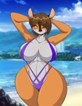 amber_eyes anthro beach big_breasts bikini biped black_nose blush breasts brown_body brown_fur brown_hair clothed clothing female fur hair hands_behind_head looking_at_viewer navel one-piece_swimsuit one_eye_closed outside pose seaside skimpy sling_bikini smile solo swimwear tan_body tan_fur thick_thighs two-piece_swimsuit water wide_hips mastergodai hollandworks applebottom_family elaine_applebottom cervine deer mammal 2022 hi_res signature