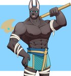 abs anthro axe bandage biceps black_body blue_eyes clothed clothing looking_at_viewer male muscular muscular_anthro muscular_male nipples open_mouth pecs simple_background smile solo warwickislovely league_of_legends riot_games tencent nasus_(lol) anubian_jackal canid canine canis jackal mammal digital_media_(artwork) hi_res