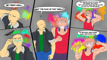 annoyed anthro athletic athletic_anthro athletic_male backpack biped blue_bottomwear blue_clothing blue_pants bottomwear clenched_teeth clothed clothed_anthro clothed_human clothed_male clothing dialogue drugs duo electronics fingers fist frown green_clothing green_shirt green_topwear grey_background grey_clothing grey_jacket grey_topwear hair headphones headphones_around_neck humanoid_hands jacket looking_at_another male markings open_clothing open_frown open_jacket open_mouth open_topwear pants pink_body pink_hair profanity purple_bottomwear purple_clothing purple_eyes purple_pants red_clothing red_shirt red_tank_top red_topwear shirt short_hair simple_background sniffing speech_bubble standing stoned striped_markings stripes substance_intoxication talking_to_another tank_top teeth text toothy_smile topwear fuegosonic93 cavemanon_studios goodbye_volcano_high ko_op_(game_developer) snoot_game anon_(snoot_game) reed_(gvh) dinosaur dromaeosaurid human mammal prehistoric_species reptile saurischian scalie theropod velociraptor 16:9 4k absurd_res colored comic english_text hi_res widescreen