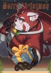 anthro beard blush clothed clothing eyewear facial_hair glasses holidays humanoid_hands kemono male overweight overweight_male snow snowing solo text white_body cai1448331577 christmas santa_claus ailurid mammal red_panda 2024 absurd_res english_text hi_res