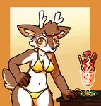 anthro antlers bikini breasts brown_body brown_eyes brown_fur clothing collarbone cutlery dessert eyebrows eyewear female food fruit fur furniture glasses gold_bikini hand_on_hip horn ice_cream inner_ear_fluff kitchen_utensils navel plant round_glasses solo spoon strawberry swimwear table tools tuft two-piece_swimsuit white_body white_fur wide_hips frigadae golden_week deer mammal 2025 hi_res