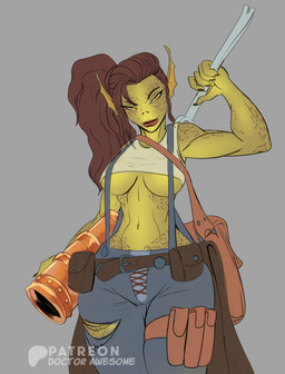 artificer artificer_(dungeons_and_dragons) breasts brown_hair copper_pipe female green_body green_skin hair humanoid_pointy_ears markings midriff not_furry pointy_ears ponytail saddle_bag short_nose side_ponytail solo suspenders tools under_boob wrench doctor_awesome dungeons_and_dragons hasbro wizards_of_the_coast githyanki humanoid mammal tiefling absurd_res hi_res