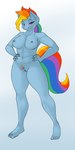 abs anthro biped blue_body breasts female genitals hair multicolored_hair nipples nude pubes pussy simple_background smile solo wings blackbetty friendship_is_magic hasbro my_little_pony mythology rainbow_dash_(mlp) equid equine horse mammal mythological_creature mythological_equine pegasus pony 1:2