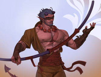 body_hair bottomwear brown_bottomwear brown_clothing brown_pants brown_topwear chest_hair clothing front_view holding_object holding_weapon jewelry male male_humanoid mouth_closed muscular muscular_humanoid muscular_male necklace obscured_eyes pants solo standing topwear weapon edvardiko humanoid absurd_res hi_res portrait three-quarter_portrait