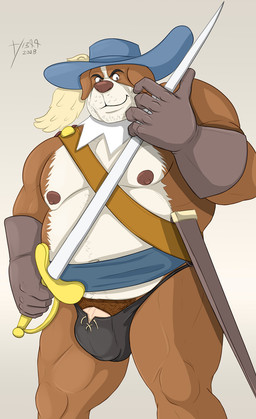 anthro barely_contained belly biceps big_penis bulge clothing collar genitals gloves hand_on_sword handwear hat hat_feather headgear headwear looking_at_viewer loose_feather male melee_weapon mostly_nude musclegut muscular muscular_anthro muscular_male navel nipples overweight overweight_anthro overweight_male penis pubes sash scabbard solo stubble sword thick_thighs weapon begami dogtanian_and_the_three_muskehounds athos_(muskehounds) canid canine canis domestic_dog mammal mastiff molosser mountain_dog saint_bernard hi_res