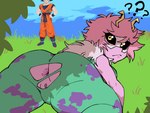 anus big_butt black_sclera bodysuit butt clothing domino_mask duo eyelashes eyemask eyewear female grass green_bodysuit green_clothing green_skinsuit hair horn lying male mask on_front pink_body pink_hair plant pussy_peek question_mark short_hair skinsuit thick_thighs tight_clothing torn_bodysuit wide_hips yellow_eyes yellow_horn caliginous dragon_ball my_hero_academia ashido_mina goku horned_humanoid humanoid 4:3