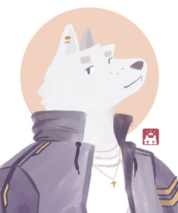 anthro aureola clothing cross cross_necklace ear_piercing ear_ring eyebrows fur halo jacket jewelry looking_at_viewer male necklace piercing pointy_ears ring_piercing shirt simple_eyes snout solo thick_eyebrows topwear whisker_spots white_body white_fur w0lfi unnamed_character canid canine mammal 5:6 bust_portrait digital_media_(artwork) digital_painting_(artwork) hi_res painting_(artwork) portrait