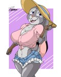 anthro big_breasts bottomwear breasts clothing female gloves handwear hat headgear headwear hotpants midriff navel pink_clothing pink_shirt pink_topwear plaid purple_eyes shirt shorts smile solo teeth tied_shirt topwear uniform work_gloves reymonrr disney zootopia judy_hopps lagomorph leporid mammal rabbit absurd_res digital_media_(artwork) hi_res