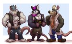 anthro beard black_nose bottomwear clothing facial_hair grey_body group male muscular muscular_male necktie pants pink_nose question_mark shirt topwear mezasalvador brok_the_investigator cowcat_games fan_character squealers_chief mammal murid murine rat rodent 2023 hi_res