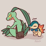 1:1 advos ambiguous_gender annoyed_expression anthro bite cyndaquil duo eyes_closed feral fire generation_2_pokemon generation_3_pokemon green_body grovyle grovyle_the_thief kerchief leaf leaf_hair leaf_tail looking_at_another looking_back neckerchief nintendo on_hind_legs plant plant_hair pokemon pokemon_(species) pokemon_mystery_dungeon pseudo_hair red_body shadow shoulder_bag signature sitting spike_chunsoft tail tan_body