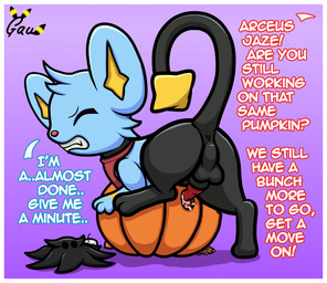 animal_genitalia animal_penis anus balls blue_body blue_fur bodily_fluids border cum cum_in_pumpkin cum_inside dialogue ejaculation erection feline_genitalia feline_penis feral food food_fetish fruit fur genital_fluids genitals holidays improvised_sex_toy jack-o'-lantern male male_penetrating masturbation orgasm orgasm_face penetrating_pumpkin penetration penile penile_masturbation penile_spines penis plant pumpkin pumpkin_fucking sheath sheathed_tapering_penis simple_background solo tail tapering_penis text white_border gau_(artist) everstone_guild halloween nintendo pokemon pokemon_mystery_dungeon spike_chunsoft jaze_(gau) felid feline generation_4_pokemon mammal pokemon_(species) shinx digital_media_(artwork) english_text hi_res