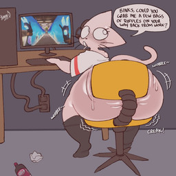 anthro beverage big_butt black_clothing black_footwear black_socks blush blush_lines bottle bottom_heavy bubble_butt butt chair clothed clothing computer_keyboard computer_monitor container dialogue electronics eyelashes femboy footwear fur furniture gaming glistening glistening_butt head_turned headphones huge_butt huge_thighs lollipop_in_mouth looking_back male mostly_nude mostly_nude_anthro mostly_nude_male motion_lines no_underwear off_shoulder on_chair onomatopoeia playing_video_game pointy_ears pupils rear_view shirt shortstack shortstack_male sitting sitting_on_chair socks solo sound_effects speech_bubble table talking_to_another text thick_thighs topwear whiskers white_body white_fur white_mouth white_pupils white_sclera wide_hips wobbling_butt tuggg dr_pepper tika_(tuggg) domestic_cat felid feline felis mammal english_text