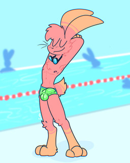 3_toes anthro bulge cheek_tuft chest_tuft clothed clothing detailed_bulge erection erection_under_clothing eyes_closed eyewear facial_tuft feet fur genital_outline goggles goggles_around_neck male multicolored_body multicolored_fur orange_body orange_fur penis_outline pink_body pink_fur poolside sideways-pointing_bulge smile solo speedo stretching stretching_arms swimwear tight_clothing toes tuft two_tone_body two_tone_fur xing1 lagomorph leporid mammal rabbit absurd_res hi_res