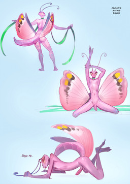 antennae_(anatomy) anthro bodily_fluids choker choker_only dancing dialogue doggy_pose drooling erection femboy jewelry male navel necklace necklace_only nipples nude nude_male pink_body saliva seductive seductive_dance simple_background slim slim_male small_waist solo spread_legs spreading tail text wings purplebirdman arthropod flower_mantis insect mantis orchid_mantis 2026 colored colored_sketch digital_drawing_(artwork) digital_media_(artwork) english_text hi_res shaded sketch