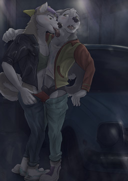 anthro briefs brown_eyes bulge bulge_frottage bulge_rubbing car clothing clothing_aside duo ears_back ears_up excited footwear jacket licking looking_pleasured male male/male night pivoted_ears provocative shoes sneakers street tongue topwear underwear vehicle wolfyalex96 alaskan_malamute canid canine canis domestic_dog husky mammal nordic_sled_dog spitz hi_res