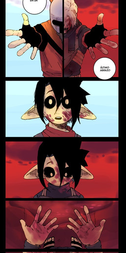 armor black_hair black_sclera blood blood_on_face blood_on_hand blue_sky bodily_fluids clothing cloud day duo feet female female_pov fingerless_gloves first_person_view footwear gloves hair handwear headgear helmet humanoid_pointy_ears kerchief looking_at_own_hand male open_mouth pointy_ears red_kerchief red_sky sandals shoes short_hair sky text toes torn_clothing white_hair yellow_body yellow_eyes yellow_skin darkus_art goblin human humanoid mammal comic hi_res spanish_text translated