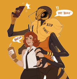 4_arms accessory amber_eyes antennae_(anatomy) anthro arthropod_abdomen beanie black_eyes cellphone clothed clothing compound_eyes container cup duo electronics female female_on_anthro fingerless_gloves fur gloves hair hair_accessory hairpin hand_holding hand_on_shoulder handwear hat headgear headwear human_on_anthro interspecies larger_anthro larger_male light_body light_skin male male/female male_on_human mandibles membrane_(anatomy) membranous_wings multi_arm multi_limb phone red_hair romantic romantic_couple ruff size_difference smaller_female smaller_human smartphone sweatband wings xenophilia yellow_body yellow_fur leafjuly izzac kim_(leafjuly) alien arthropod bee human hymenopteran insect mammal 2024 colored hi_res sketch unfinished