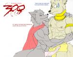 anthro duo erection genitals humor jewelry male male/male muscular nipple_piercing nipples penis piercing spartan_armor_(roman) text warrior randomdragon 300_(film) spartan_(roman) canid canine mammal 2007 english_text