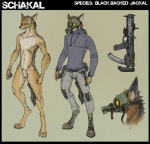 4_toes animal_genitalia anthro balls biped clothing digitigrade feet fully_sheathed gas_mask genitals hair long_legs male mask muscular muscular_anthro muscular_male nipples nude paws ranged_weapon sheath side_view simple_background slim solo text toes weapon lethal_doors schakal canid canine canis jackal mammal 2013 english_text hi_res model_sheet