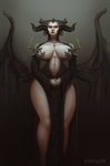 big_breasts black_horn blue_eyes breasts breasts_apart clasped_hands clothing female front_view horn light_body light_skin navel not_furry simple_background small_waist solo standing wide_hips wings shinyglute blizzard_entertainment diablo lilith_(diablo) demon humanoid 2019 digital_media_(artwork) hi_res portrait three-quarter_portrait