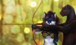 5_fingers anthro arrow_(weapon) black_body black_fur blue_body blue_fur blue_nose blurred_background bow_(weapon) breasts brown_hair clothed clothing countershading day duo eyebrows eyelashes female fingers fur green_eyes hair holding_bow_(weapon) holding_object holding_ranged_weapon holding_weapon male markings melanistic outside ranged_weapon red_eyes standing weapon whiskers white_body white_fur sketchrabbit milly_(millcore) unseenpanther borophagine canid canine epicyon felid fox hybrid mammal pantherine 2020 digital_media_(artwork) hi_res